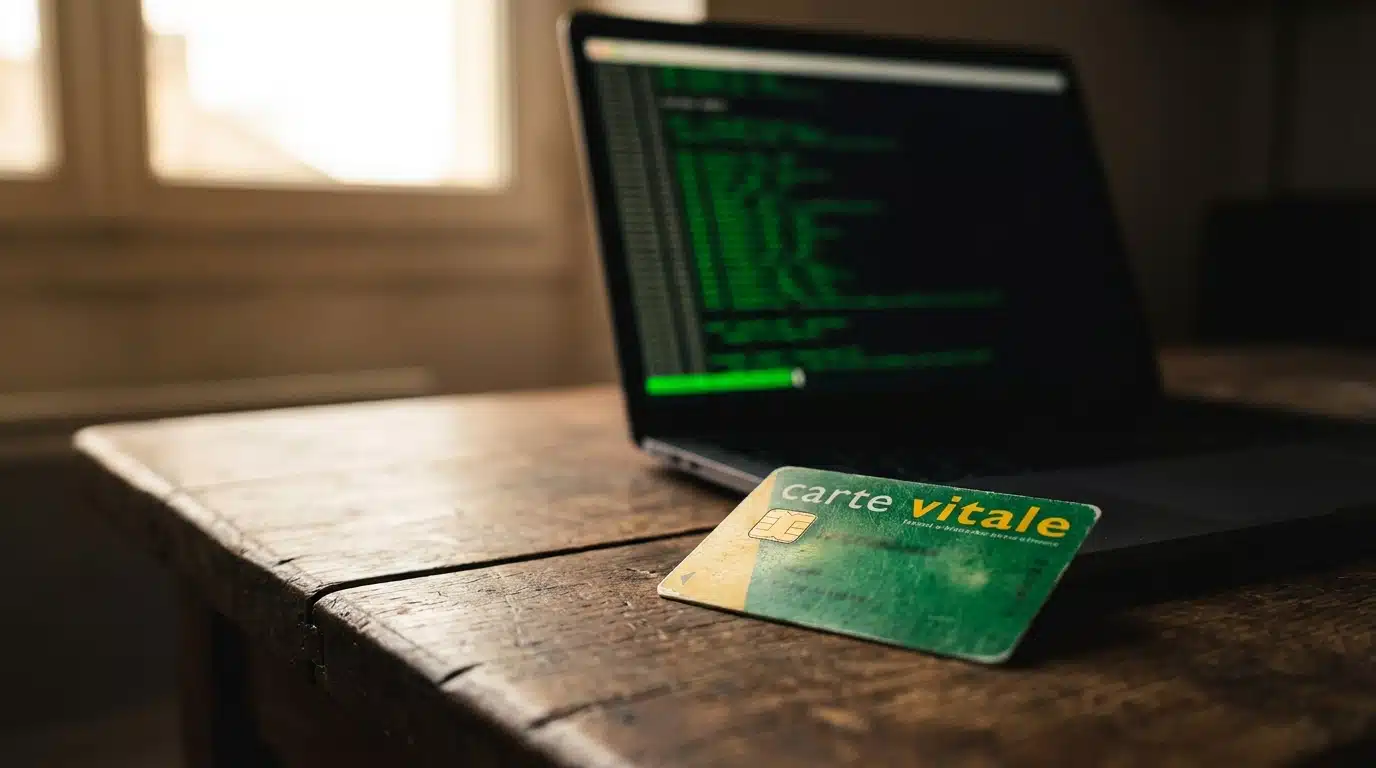Carte vitale posée sur un bureau à côté d'un ordinateur