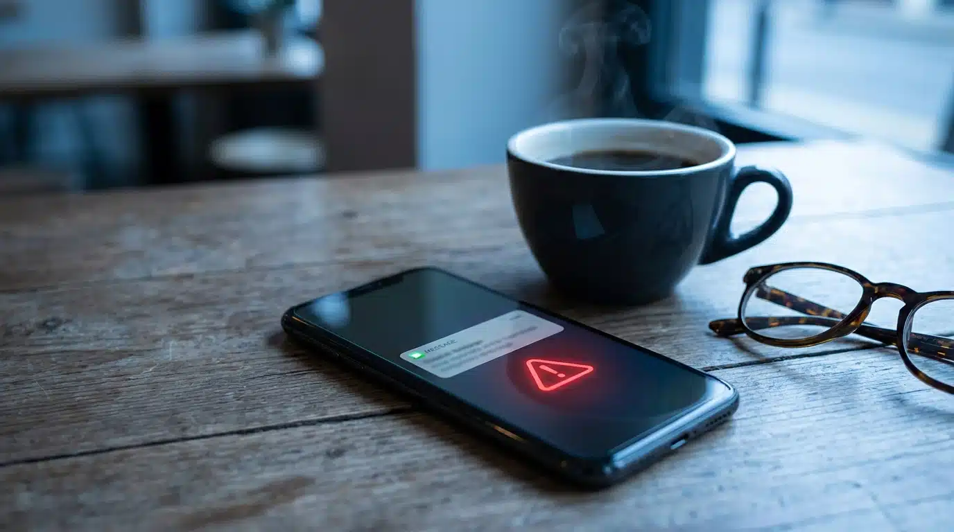 Smartphone affichant une notification suspecte sur une table