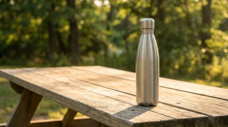 Gourde isotherme en inox posée sur une table de pique-nique ensoleillée