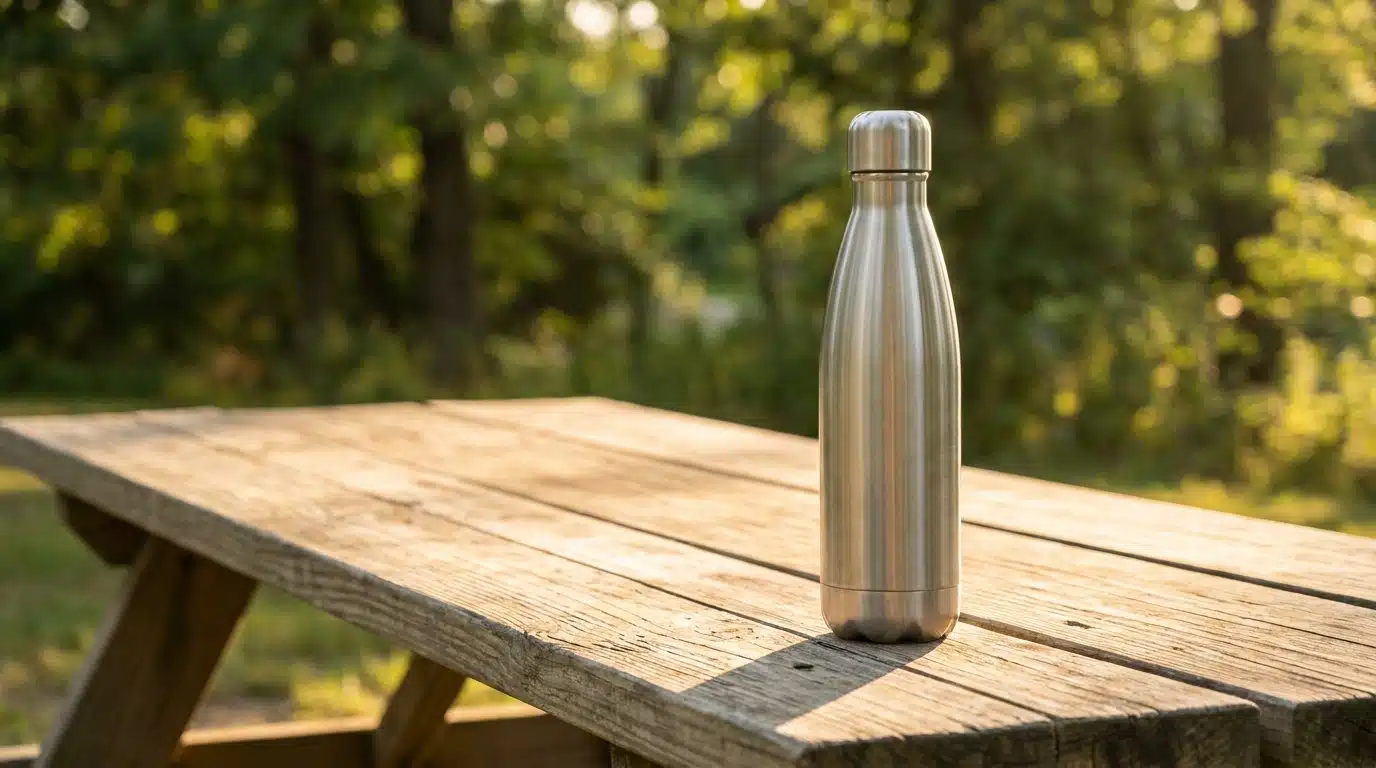 Gourde isotherme en inox posée sur une table de pique-nique ensoleillée