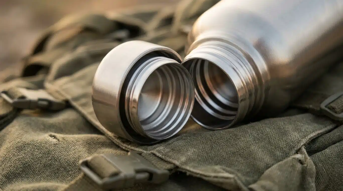 Bouchon dévissé d'une gourde en acier inoxydable sur un sac de randonnée