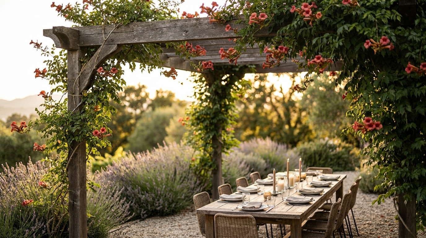 Pergola couverte de bignone chocolat au-dessus d'une table de jardin