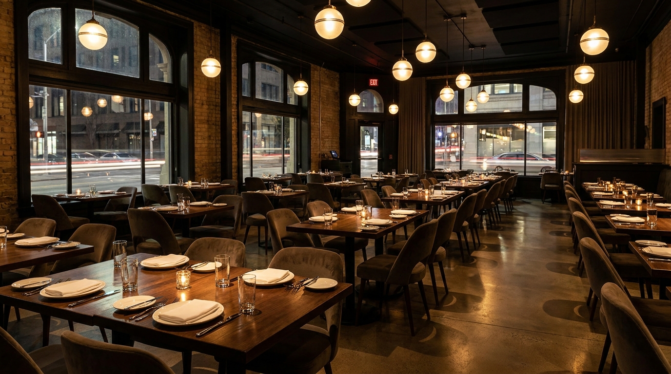 Salle de restaurant vide avec tables dressées le soir