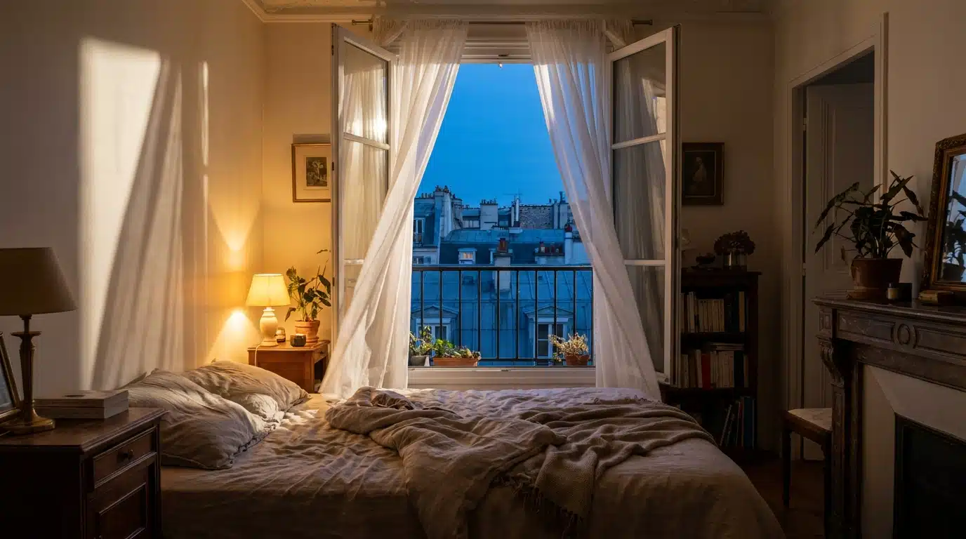 Fenêtre ouverte la nuit dans un appartement en été