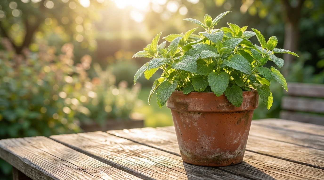 Pot en terre cuite de mélisse fraîche sur table de jardin ensoleillée