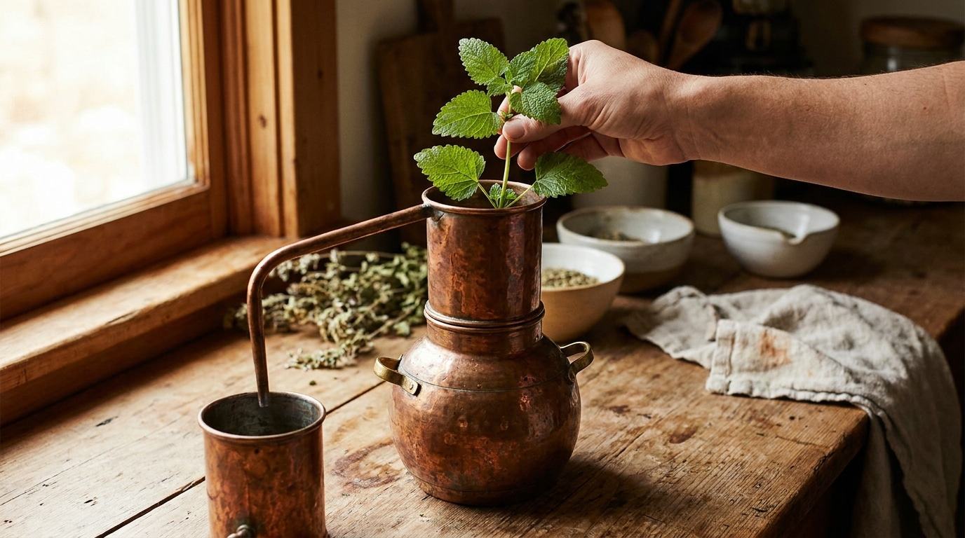 Alambic en cuivre avec feuilles de mélisse fraîches en cuisine