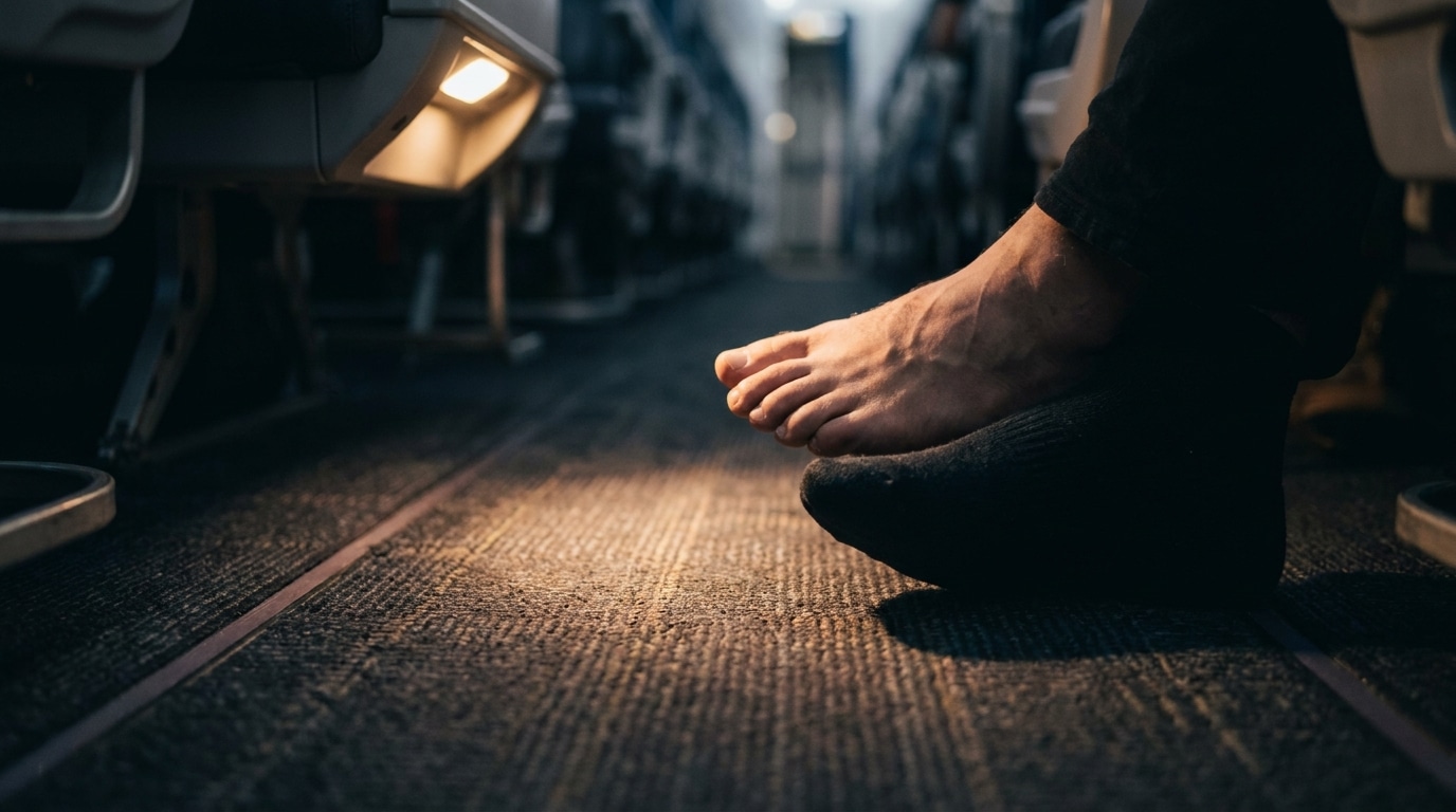Pieds nus posés sur la moquette d'une cabine d'avion