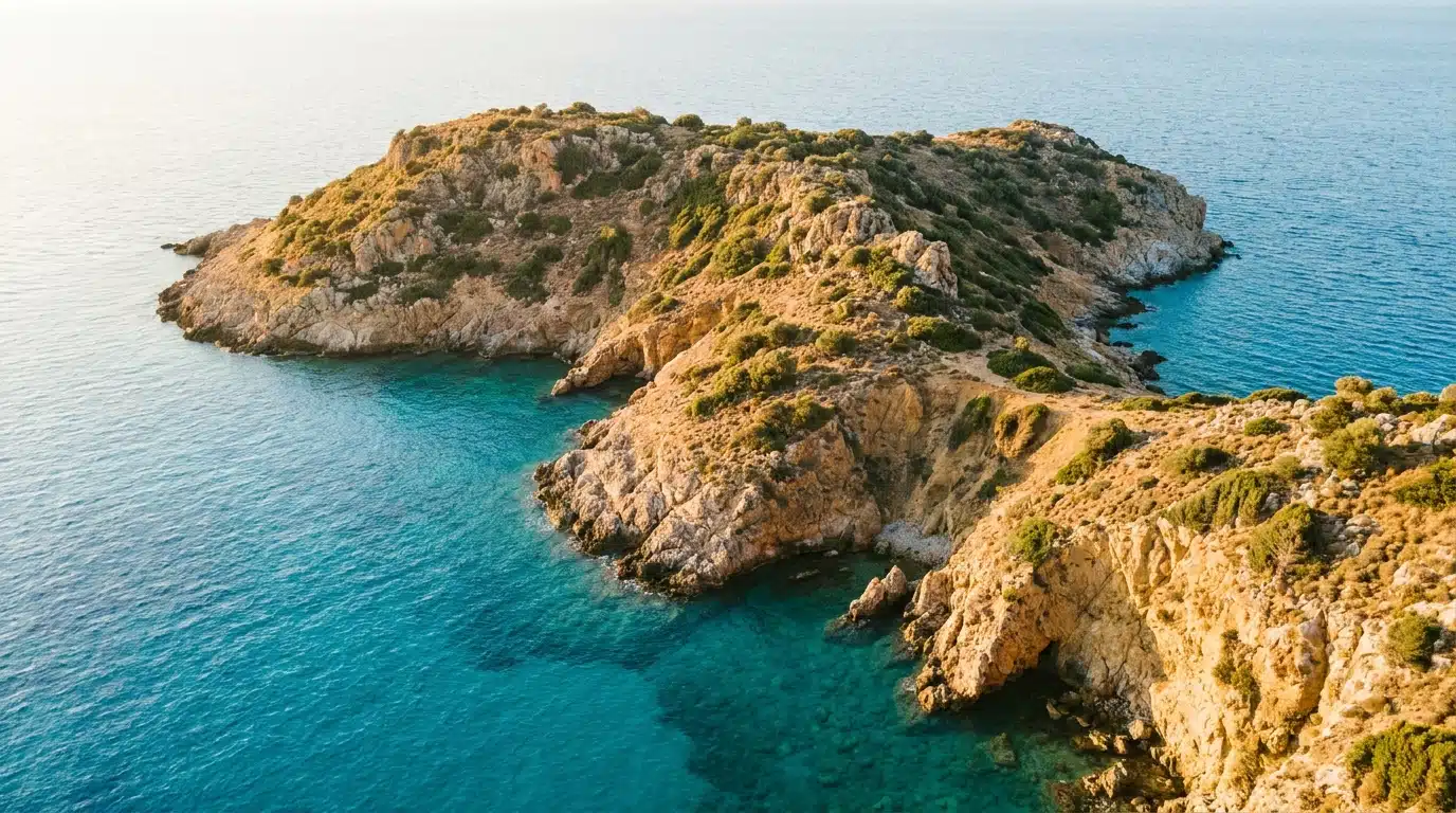 Vue aérienne d'une petite île sauvage en mer Ionienne