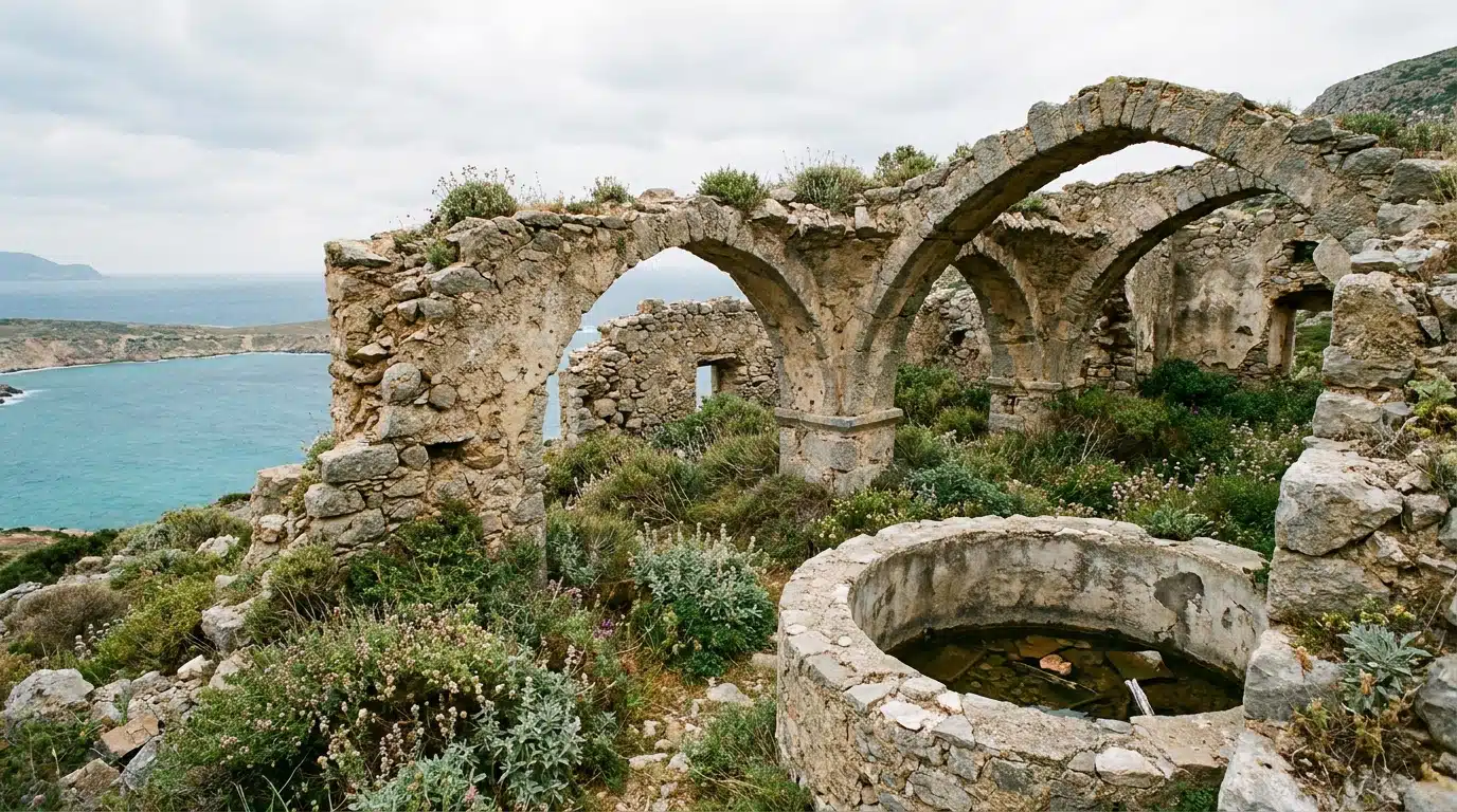 Maison en pierre en ruine sur une colline grecque face à la mer
