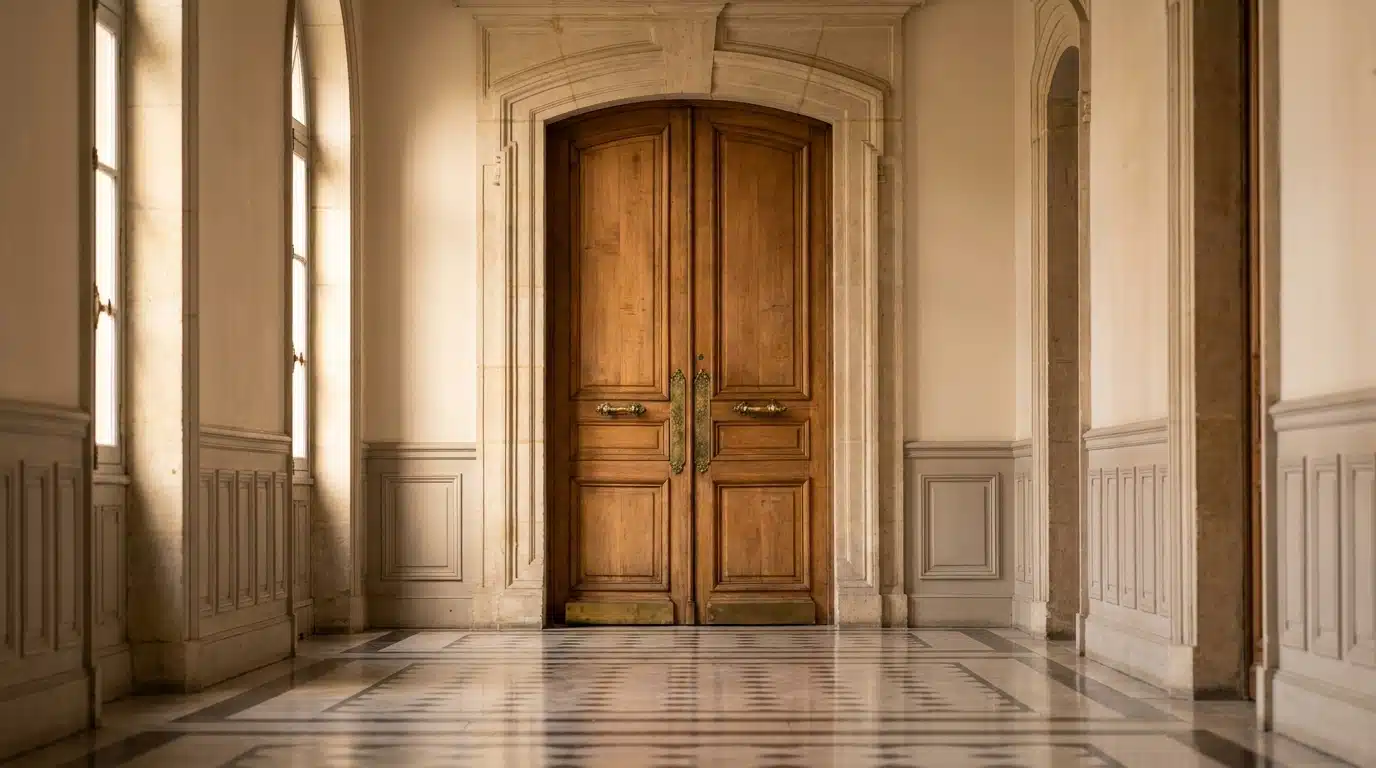 Porte fermée d'une salle d'audience dans un tribunal français