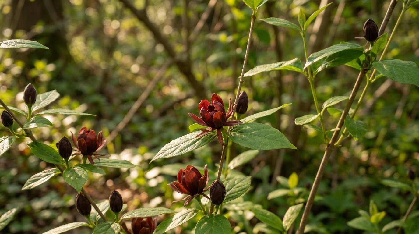 Fleurs rouge brun de Calycanthus floridus en sous-bois