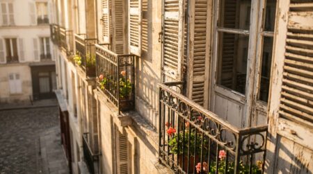 Façade d'immeuble français avec balcons au soleil couchant