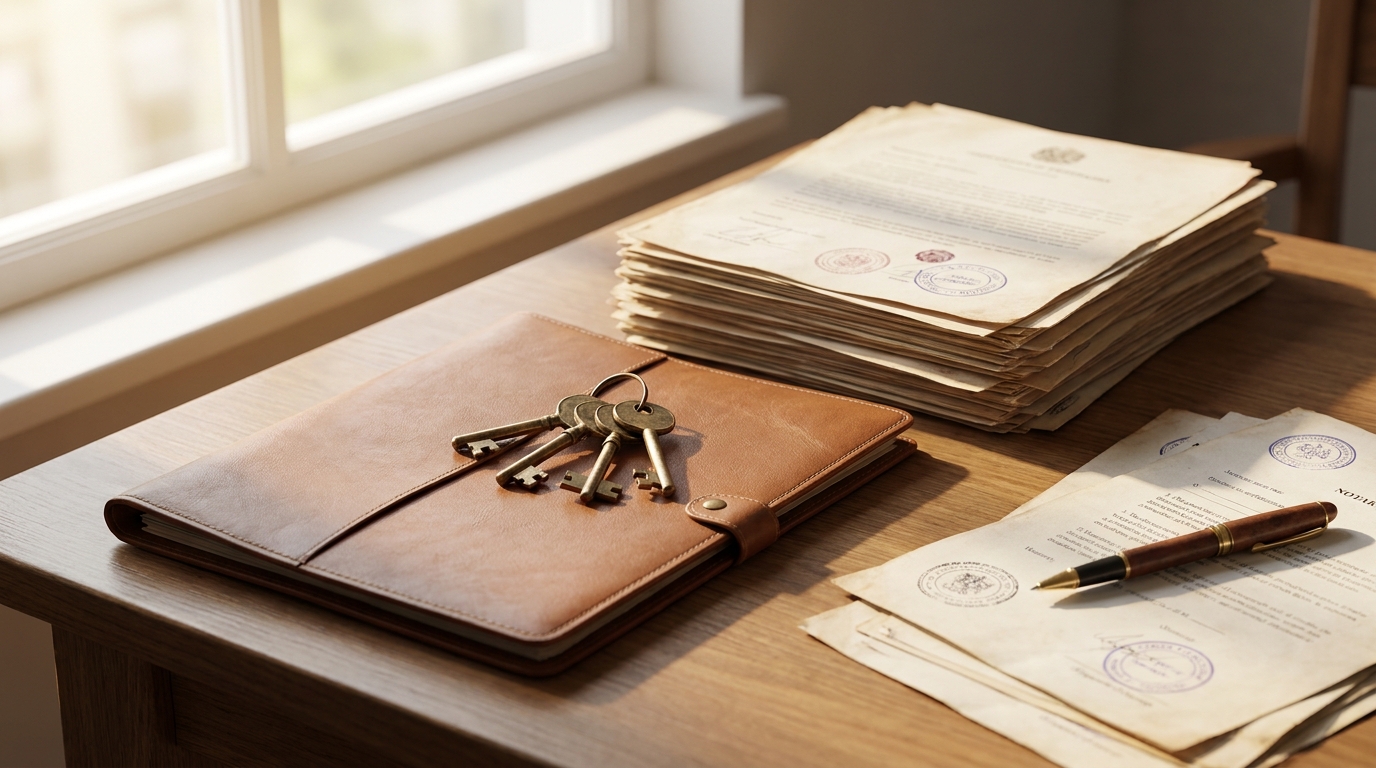 Clés et documents notariés posés sur un bureau