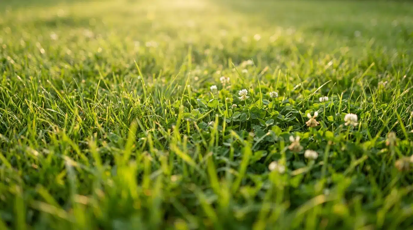 Pelouse verte parsemée de trèfle blanc en fleurs au soleil
