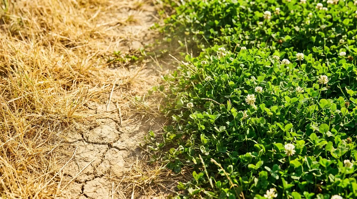 Contraste entre herbe jaunie et trèfle vert résistant à la sécheresse