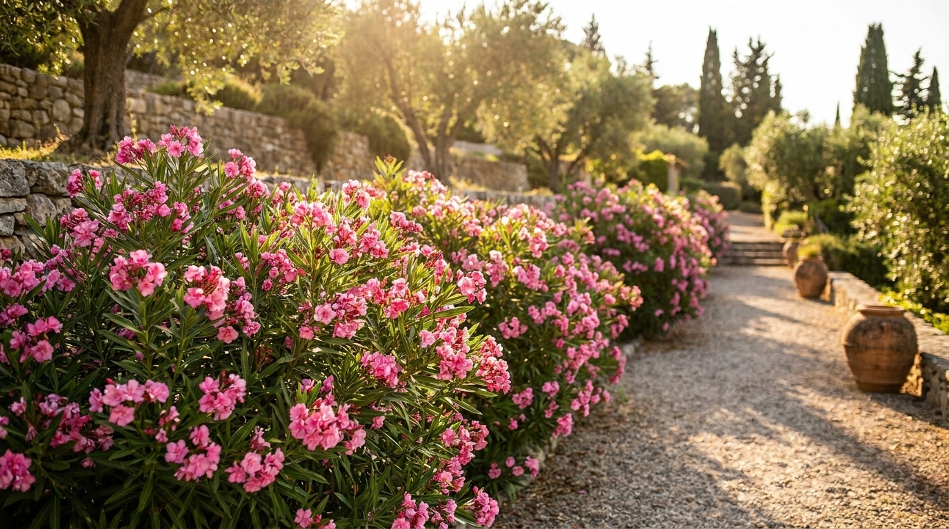 Haie de laurier-rose en fleurs dans un jardin méditerranéen ensoleillé