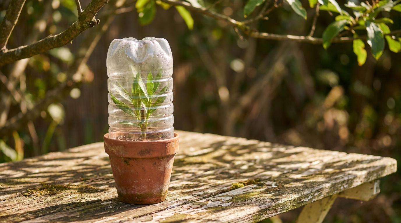 Bouture de laurier-rose sous cloche en bouteille plastique transparente