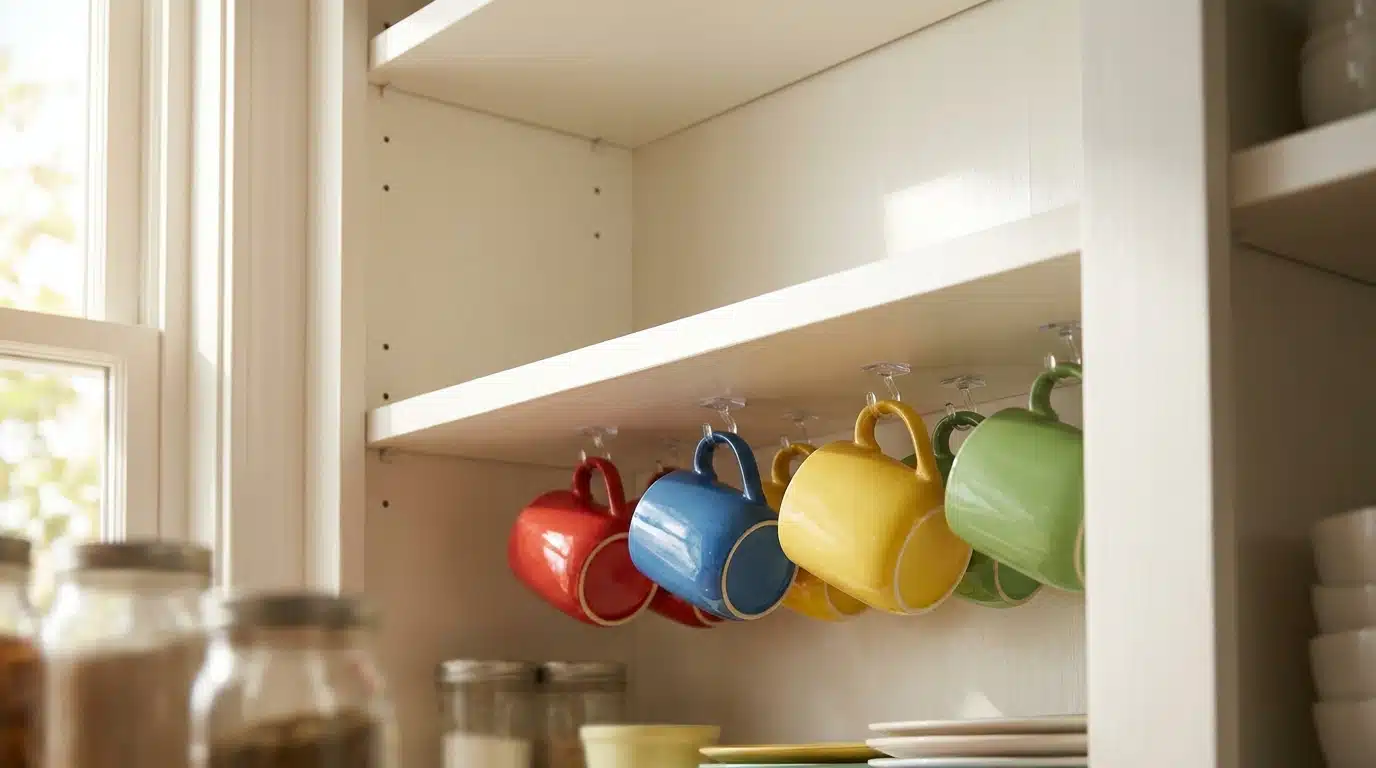 Tasses colorées suspendues par des crochets sous une étagère de placard