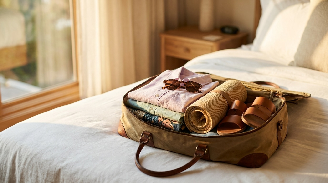 Petite valise cabine ouverte avec vêtements d'été pliés sur un lit