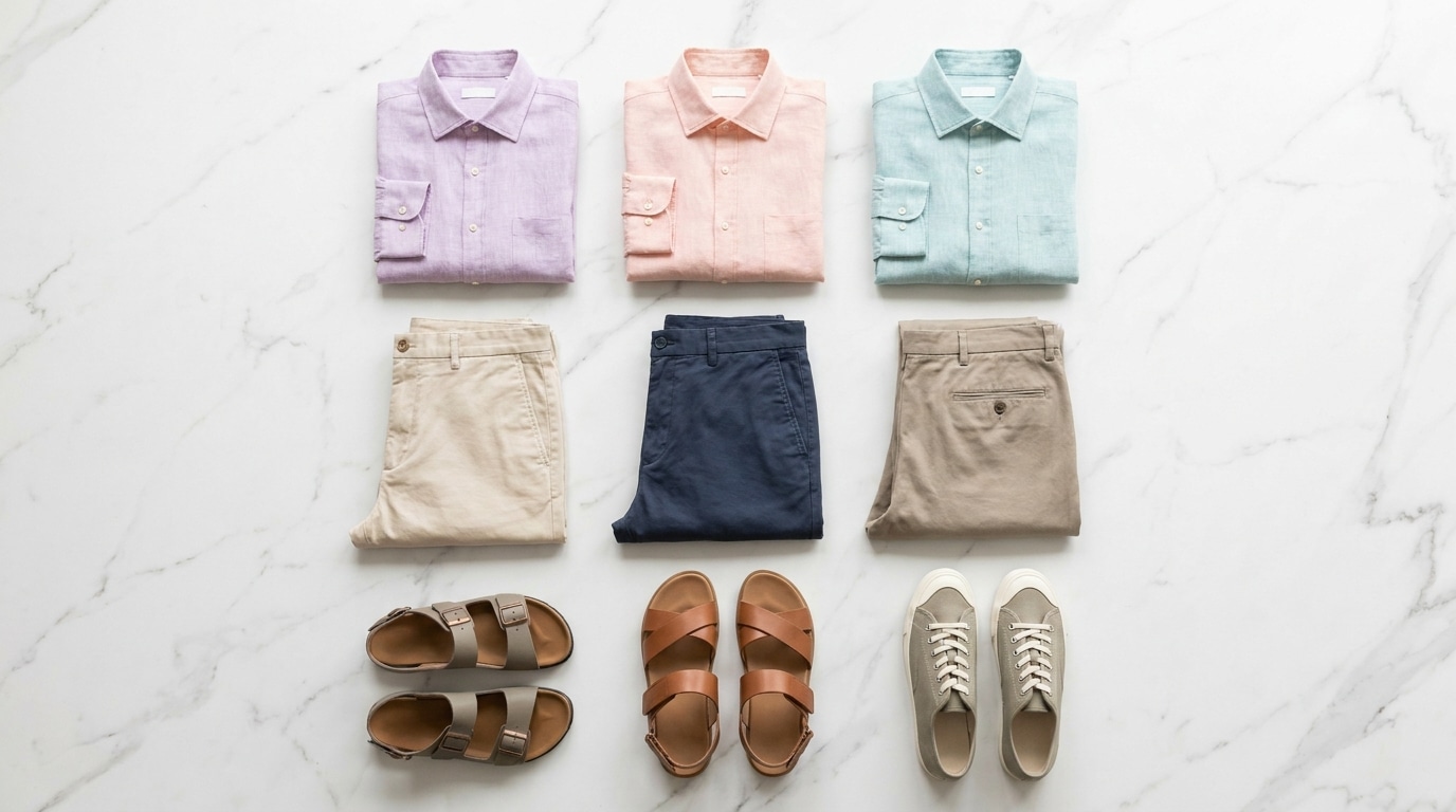 Neuf pièces de garde-robe estivale disposées à plat