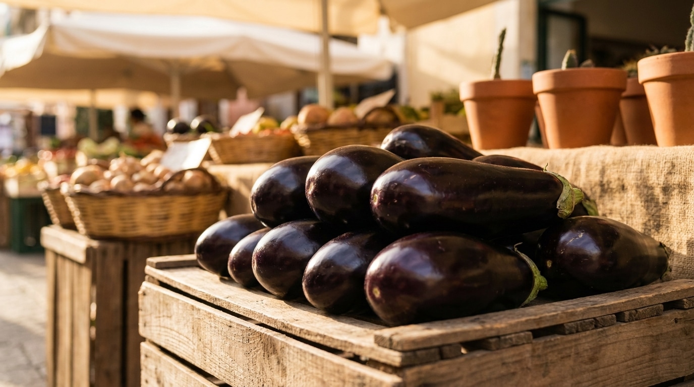 Aubergines mûres et brillantes sur un étal de marché