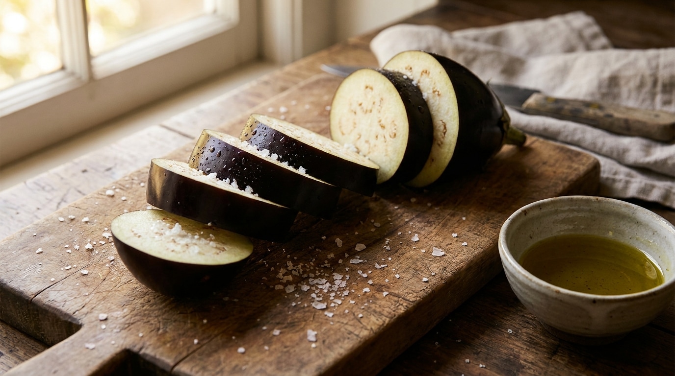 Tranches d'aubergine salées dégorgeant sur une planche en bois