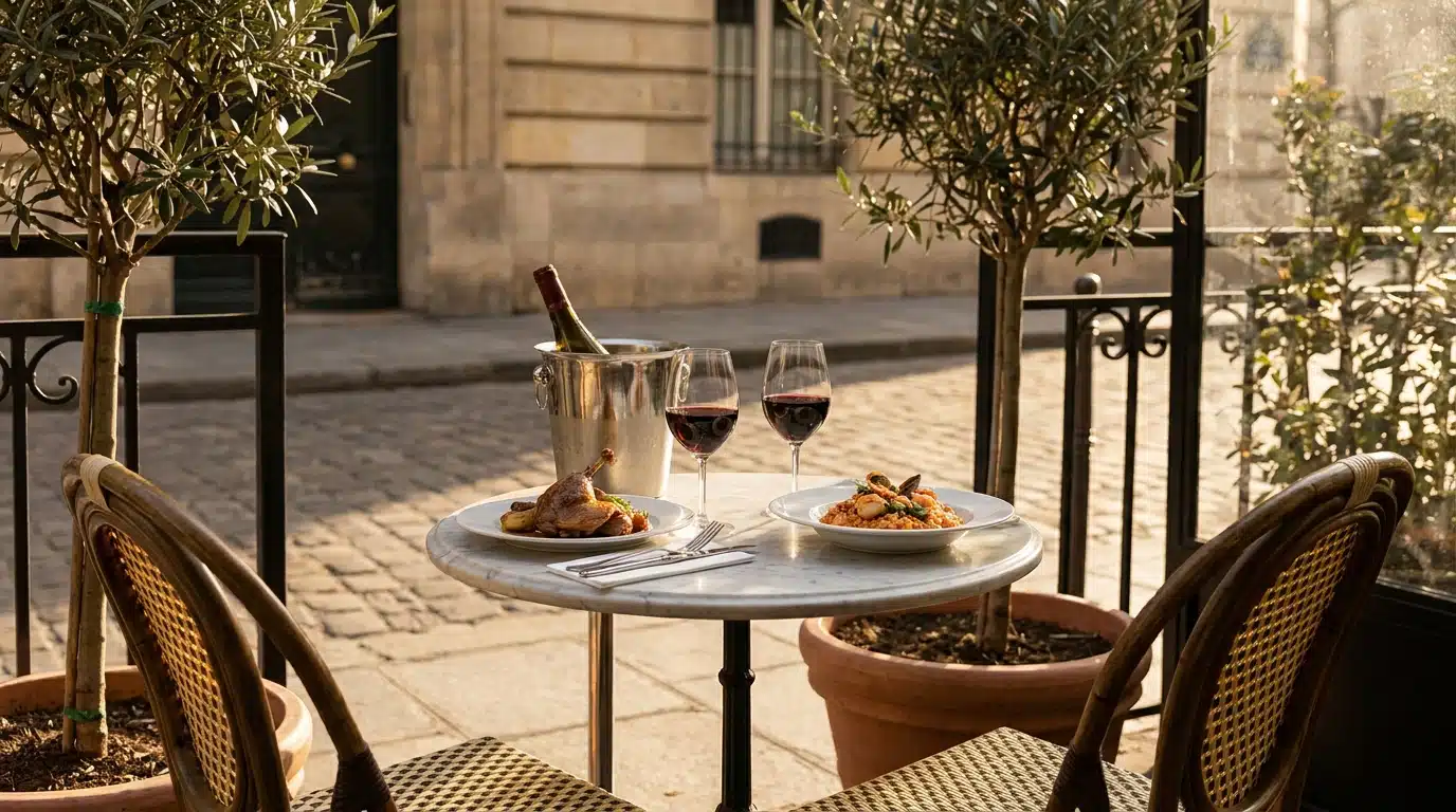 Terrasse de bistrot parisien avec deux assiettes gastronomiques et verres de vin