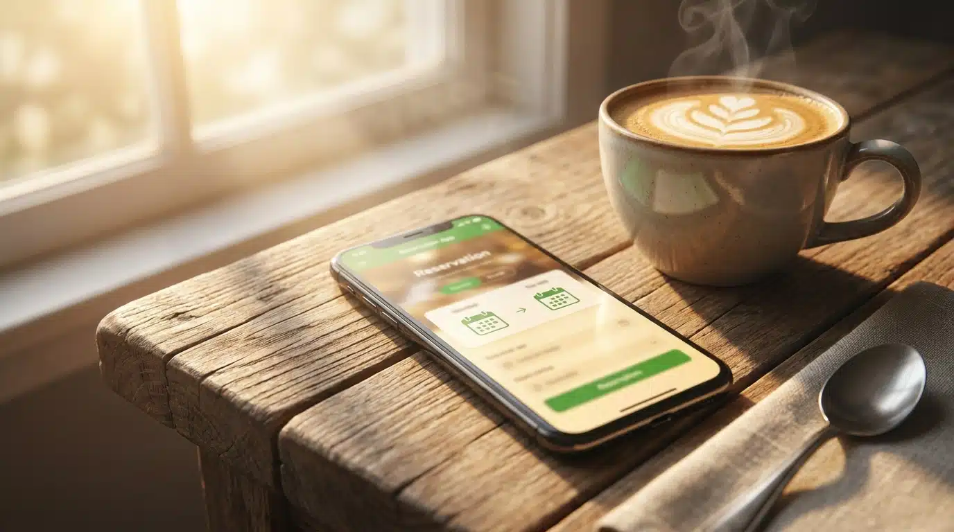 Smartphone posé sur une table en bois à côté d'une tasse de café
