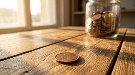 Pièce de 5 centimes d'euro posée sur une table en bois