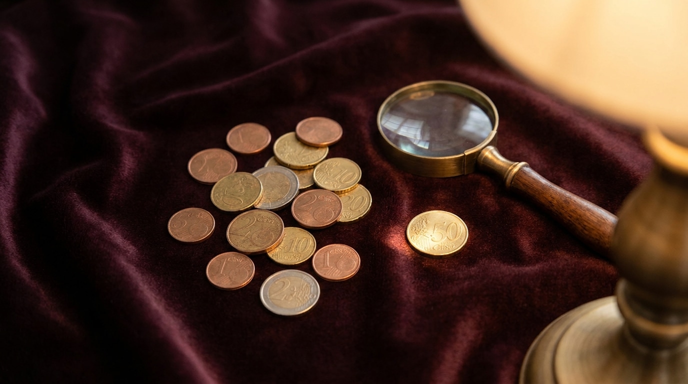 Pièces de centimes d'euro et loupe sur tissu sombre