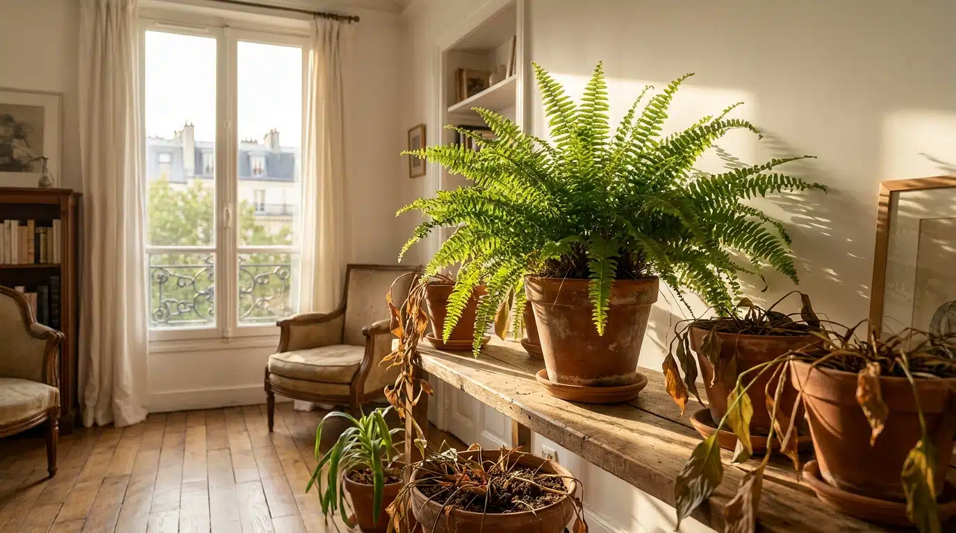 Fougère de Boston en pot parmi des plantes d'intérieur