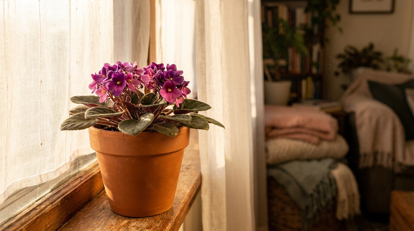 Violette africaine en pot sur un rebord de fenêtre lumineux