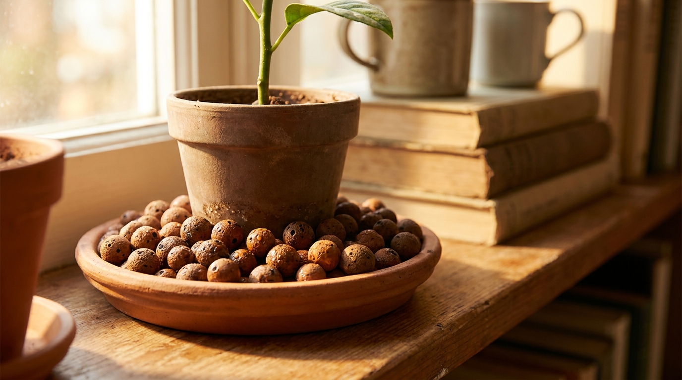 Billes d'argile humides dans une soucoupe sous un pot