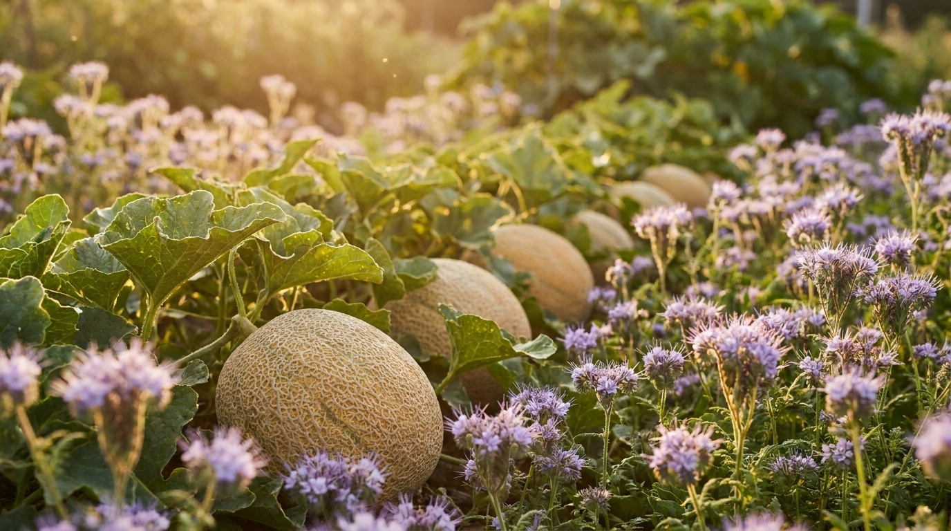 Melons mûrs entourés de fleurs de phacélie mauves au potager