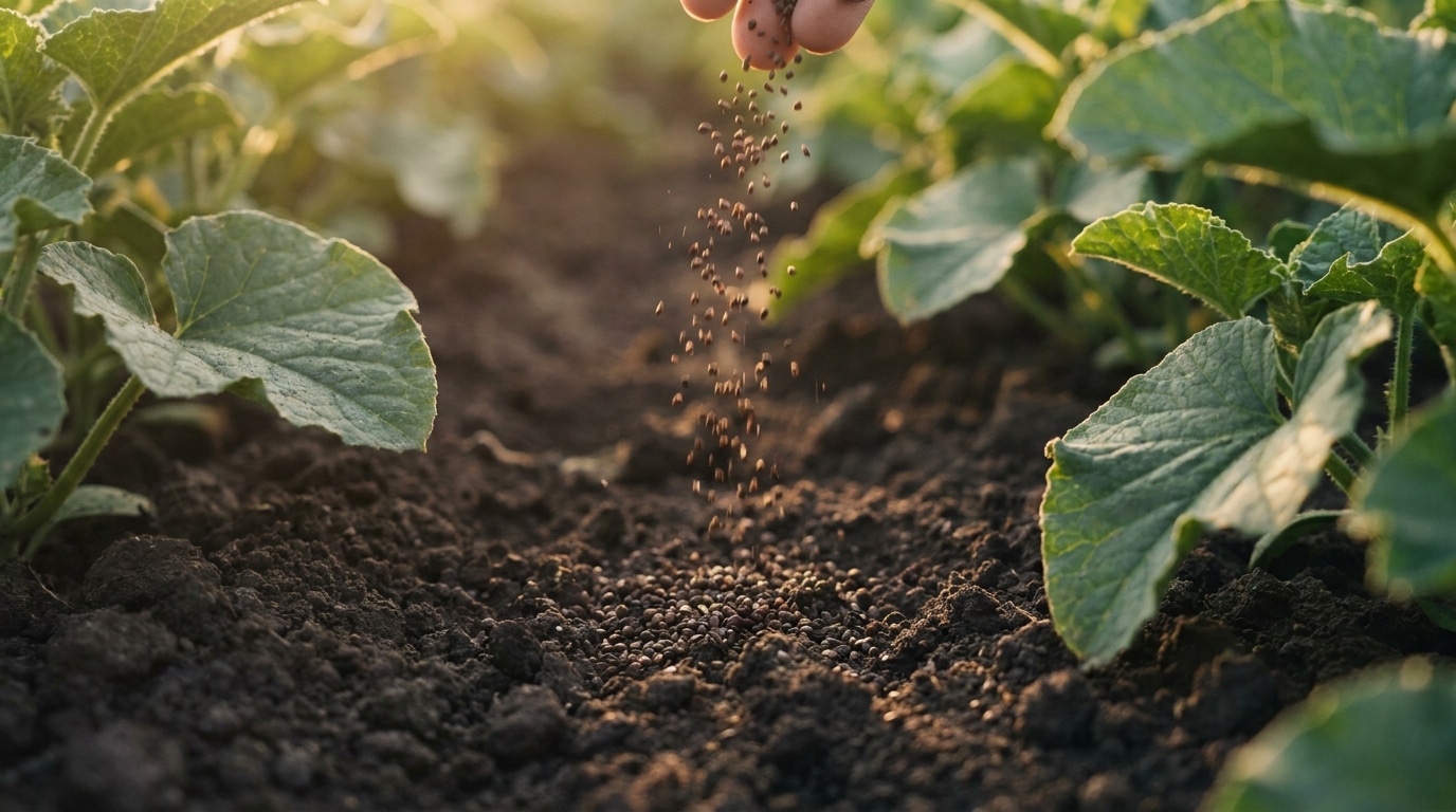 Graines de phacélie éparpillées sur terre sombre entre plants de melon