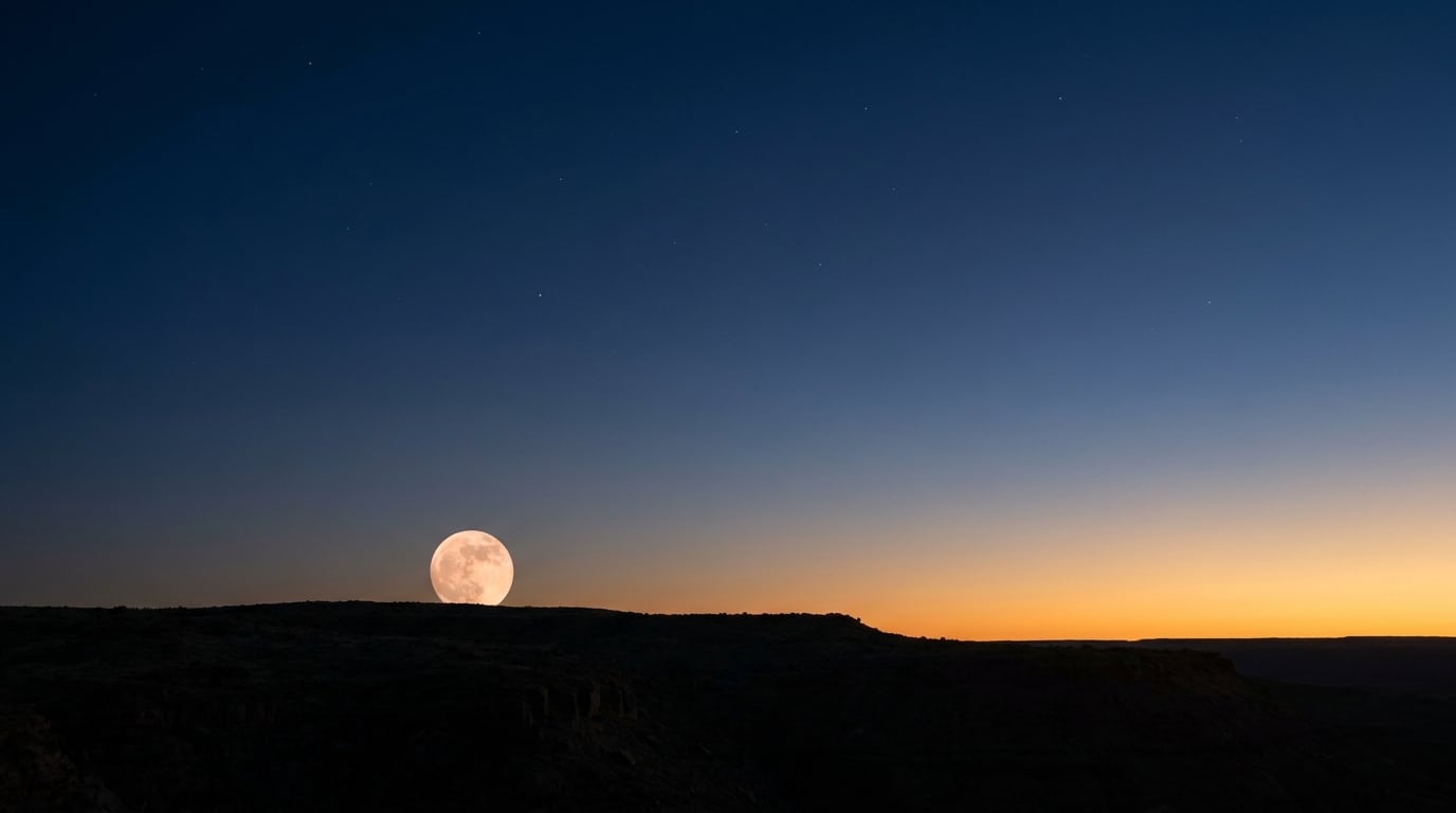 Pleine lune se levant au-dessus de l'horizon au crépuscule