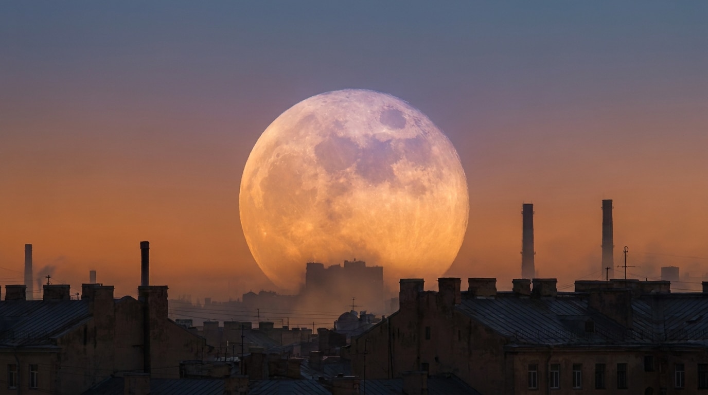 Lune basse paraissant immense derrière des toits en silhouette