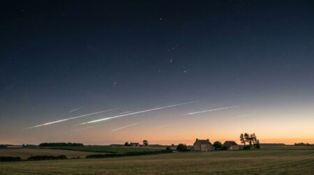 Traînées d'étoiles filantes rasant l'horizon à l'aube