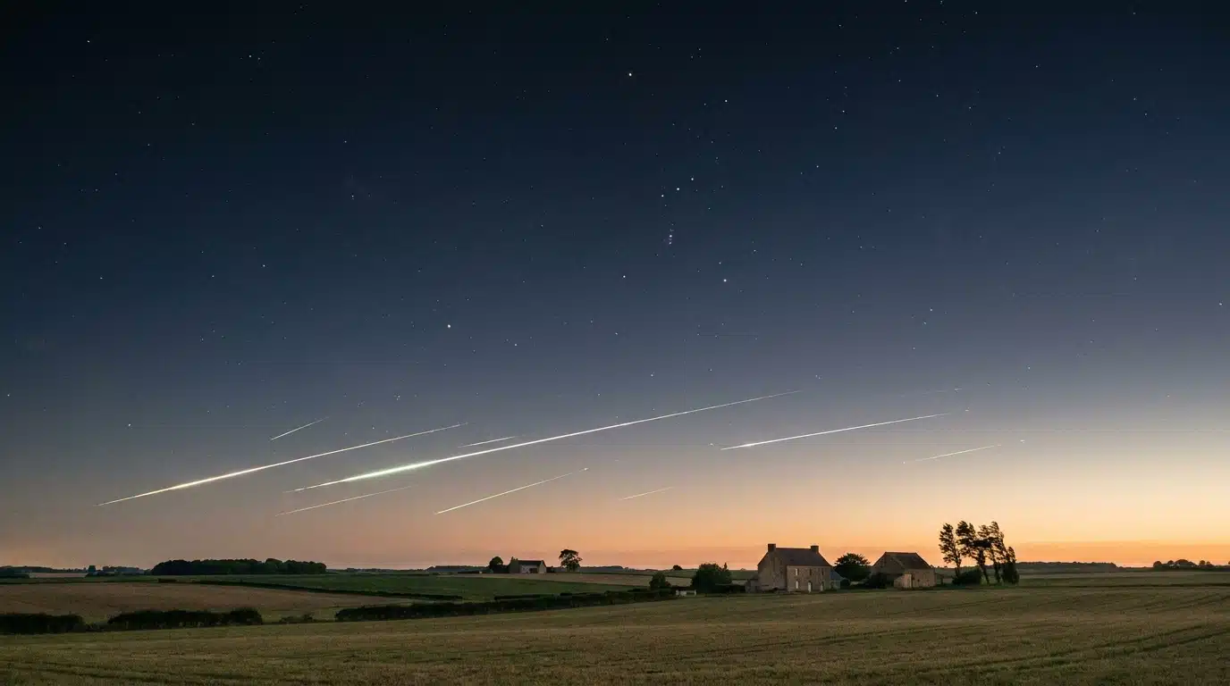 Traînées d'étoiles filantes rasant l'horizon à l'aube