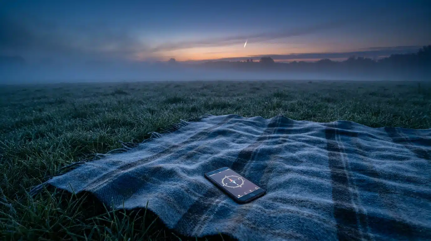 Smartphone boussole posé sur une couverture à l'aube