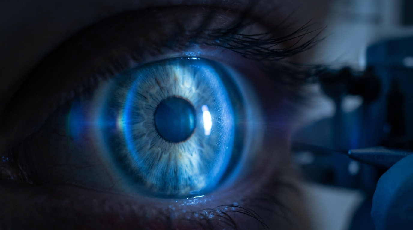 Cornée humaine éclairée par un faisceau lumineux bleu diagnostique