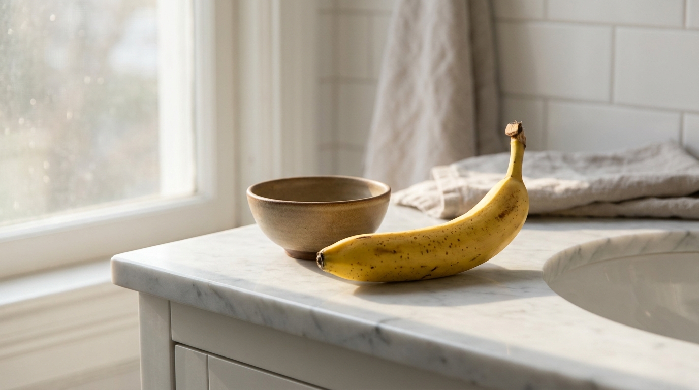 Banane mûre posée sur un comptoir de salle de bain
