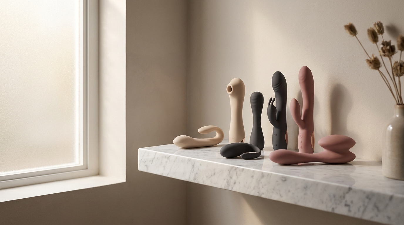 Sextoys en silicone disposés sur une étagère en marbre