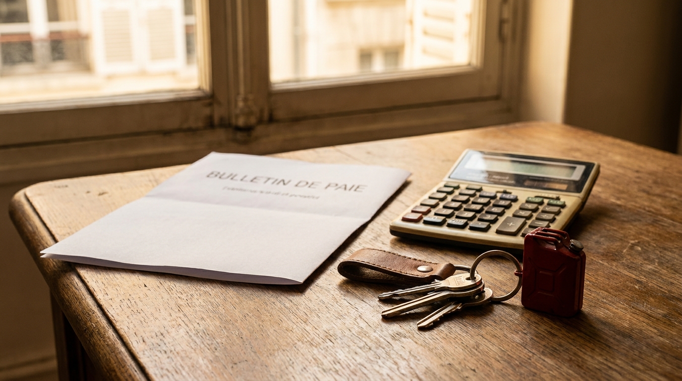 Fiche de paie et clés de voiture sur un bureau