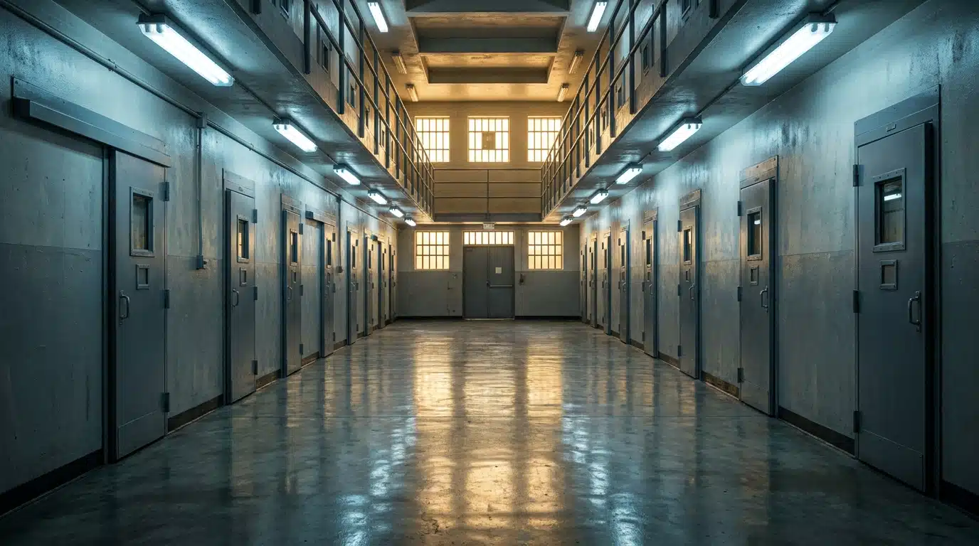 Couloir de prison éclairé par des néons fluorescents permanents
