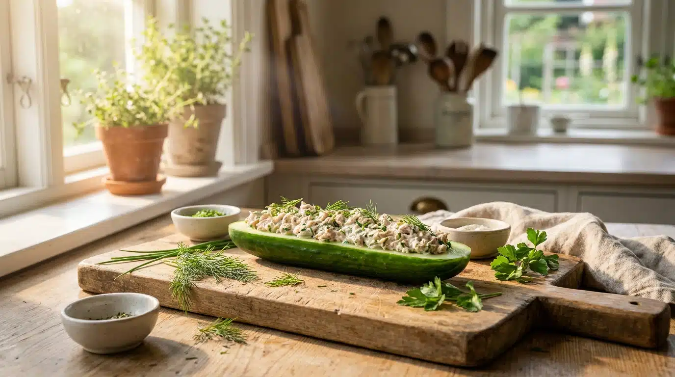 Concombre farci au thon et fromage frais sur planche en bois