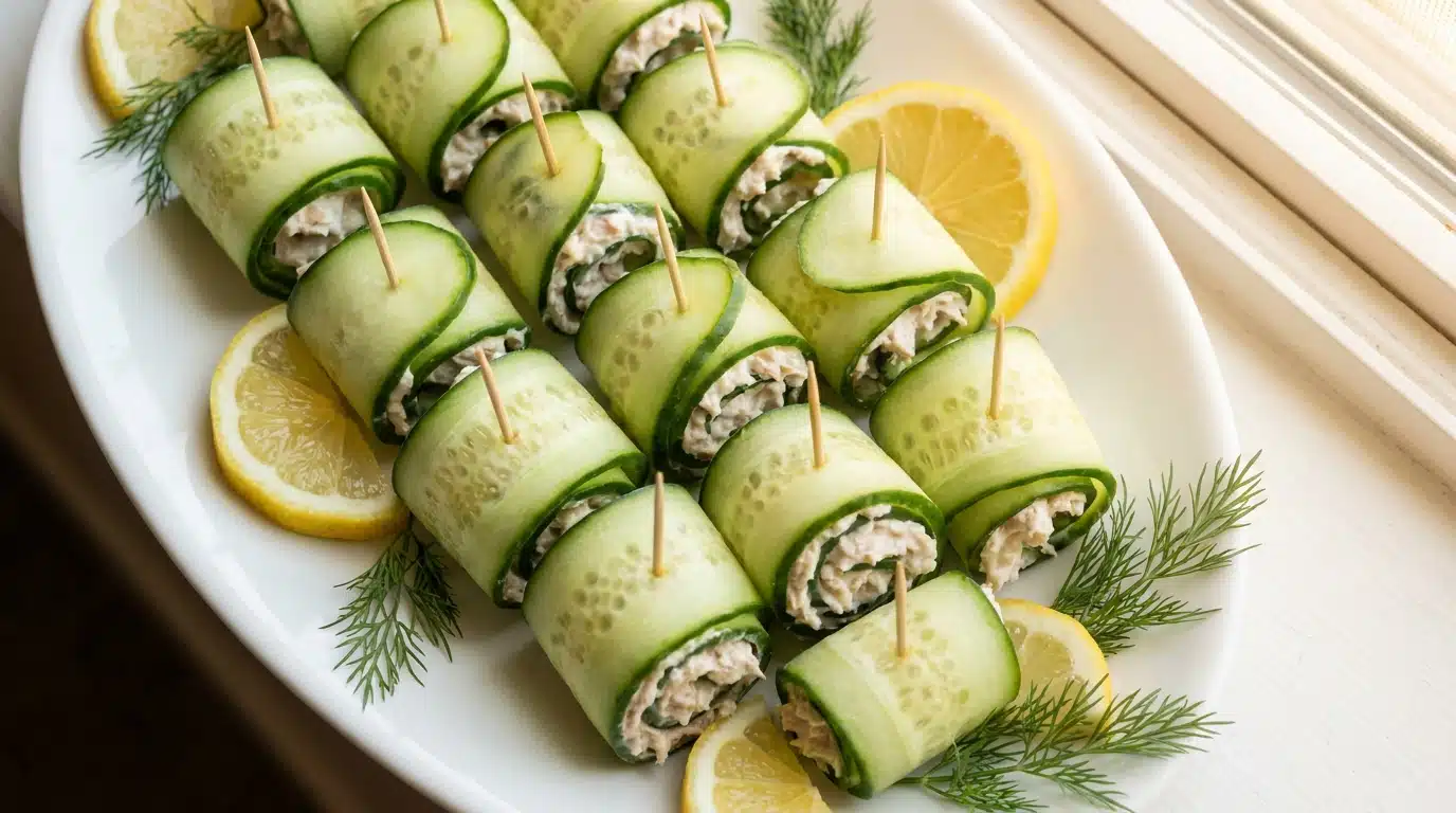 Rouleaux de concombre garnis de farce au thon sur assiette blanche