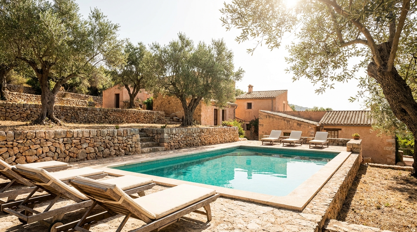 Piscine extérieure entourée d'oliviers et résidence méditerranéenne