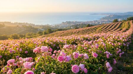 Champ de roses Centifolia en fleurs sur les collines de Grasse