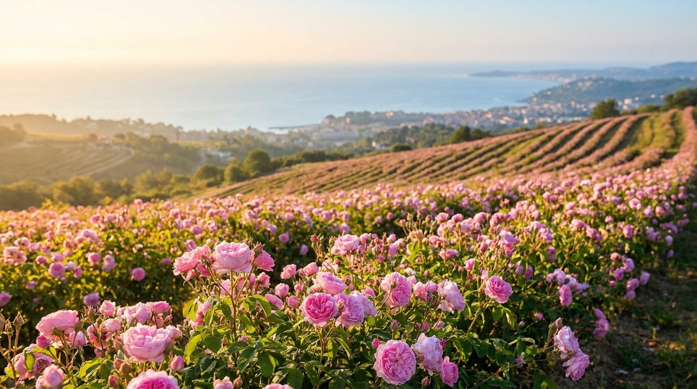 Champ de roses Centifolia en fleurs sur les collines de Grasse